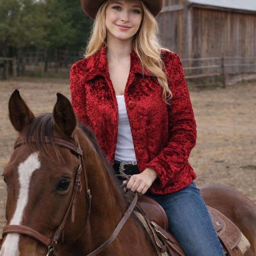 European Boutique Cherry Red Plush Velvet Blazer EU 42 - Picture 1 of 14